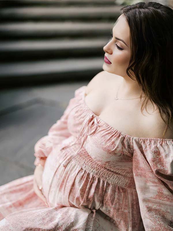 Floral Smocked Lace-up Off Shoulder A-line Maternity Maxi Dress for Maternity