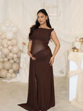 Dark Brown Oblique Shoulder Sheer Draped Hem Ruched Maternity Baby Shower Maxi Dress for Maternity