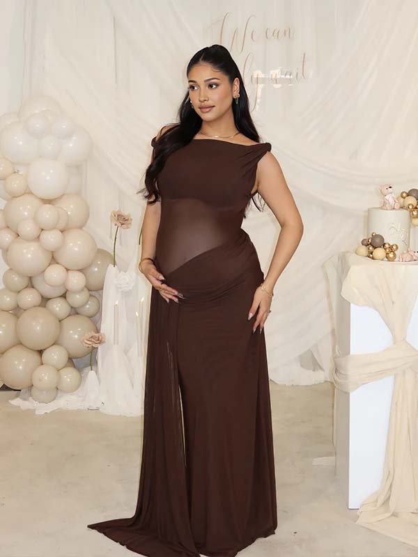 Dark Brown Oblique Shoulder Sheer Draped Hem Ruched Maternity Baby Shower Maxi Dress for Maternity