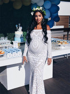 White Lace Sequin Off Shoulder Mermaid Bodycon Wedding Gown Baby Shower Elegant Foamal Maternity Photoshoot Maxi Dress for Maternity