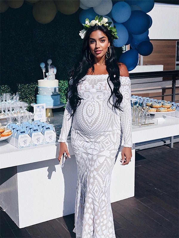 White Lace Sequin Off Shoulder Mermaid Bodycon Wedding Gown Baby Shower Elegant Foamal Maternity Photoshoot Maxi Dress for Maternity