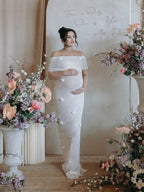 White Off Shoulder 3d Flowers Grenadine Sheer Bodycon Elegant Beach Photoshoot Baby Shower Maternity Maxi Dress for Maternity