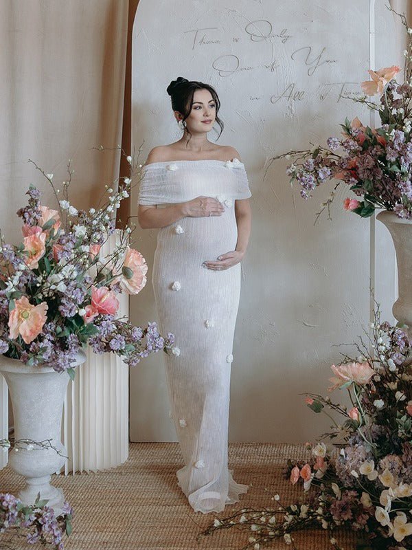 White Off Shoulder 3d Flowers Grenadine Sheer Bodycon Elegant Beach Photoshoot Baby Shower Maternity Maxi Dress for Maternity
