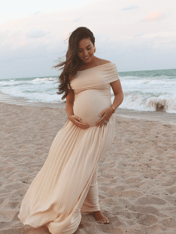 Apricot Off Shoulder Ruched Pleated Big Swing Maternity Baby Shower Maxi Dress for Maternity
