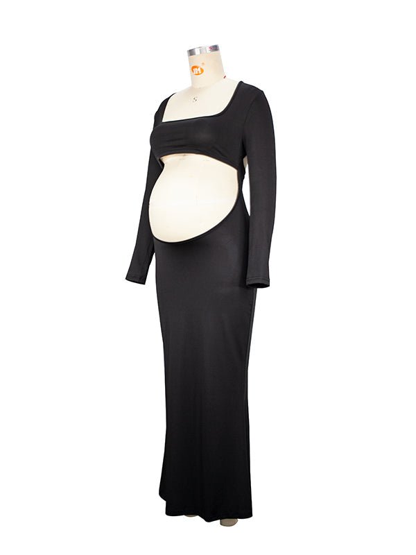 Black Cut Out Mermaid Crop Long Sleeve Backless Bodycon Cocktail Club Party Photoshoot Maternity Maxi Dress for Maternity