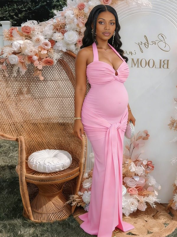 Halter Neck Backless Ruched Lace Up Maternity Baby Shower Maxi Dress for Maternity