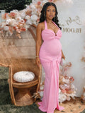 Halter Neck Backless Ruched Lace Up Maternity Baby Shower Maxi Dress for Maternity