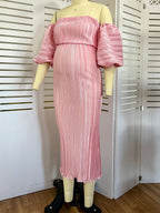 Pink Off Shoulder Bandeau Ribbed Pleated Bodycon Puff Sleeve Evening Gown Baby Shower Maternity Maxi Dress for Maternity