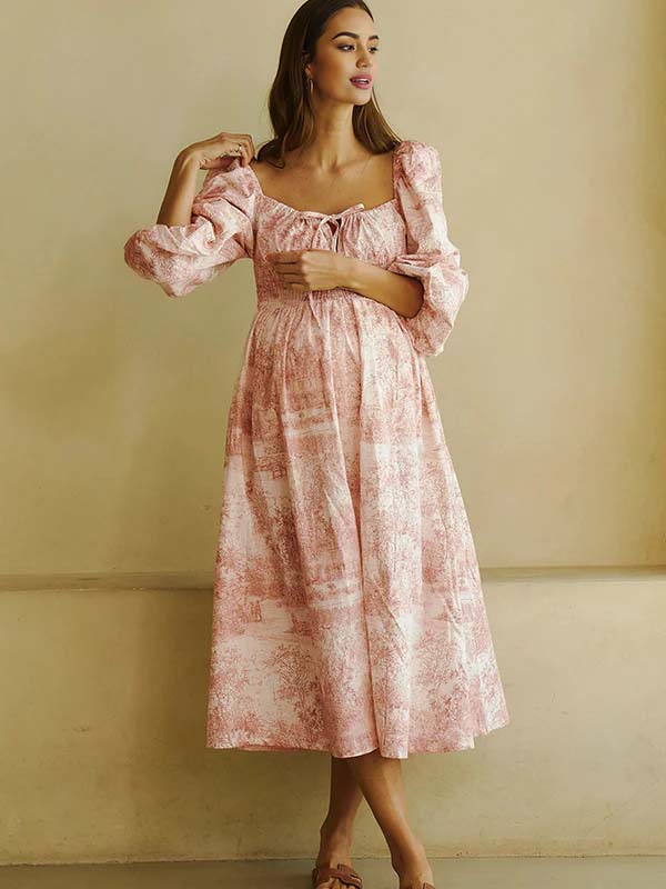 Floral Smocked Lace-up Off Shoulder A-line Maternity Maxi Dress for Maternity