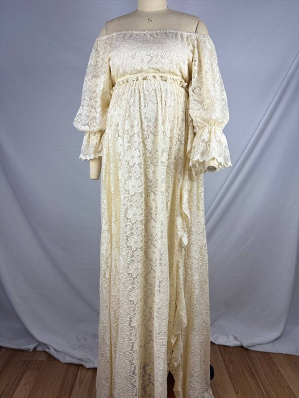 Boho Lace Off Shoulder Lace Tassel Crop Two Piece Side Slit Ruffle Photoshoot Maternity Maxi Dress for Maternity