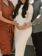 Beige Lace Off Shoulder Ruffle Falbala Bodycon Elegant Maternity Baby Shower Maxi Dress for Maternity