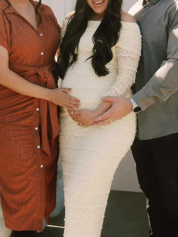 Beige Lace Off Shoulder Ruffle Falbala Bodycon Elegant Maternity Baby Shower Maxi Dress for Maternity