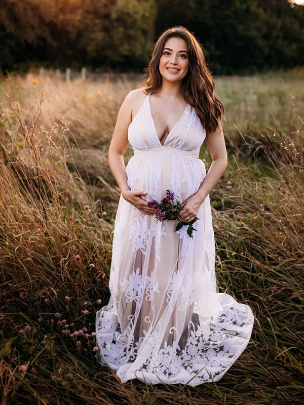 White Lace Boho Maxi Maternity Photoshoot Dress Outdoor And Beach Maternity Photography Gowns for Maternity
