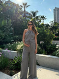 Grey 2 Piece Spaghetti Straps Sleeveless Top Wide-leg Pants Maternity Clothes for Maternity