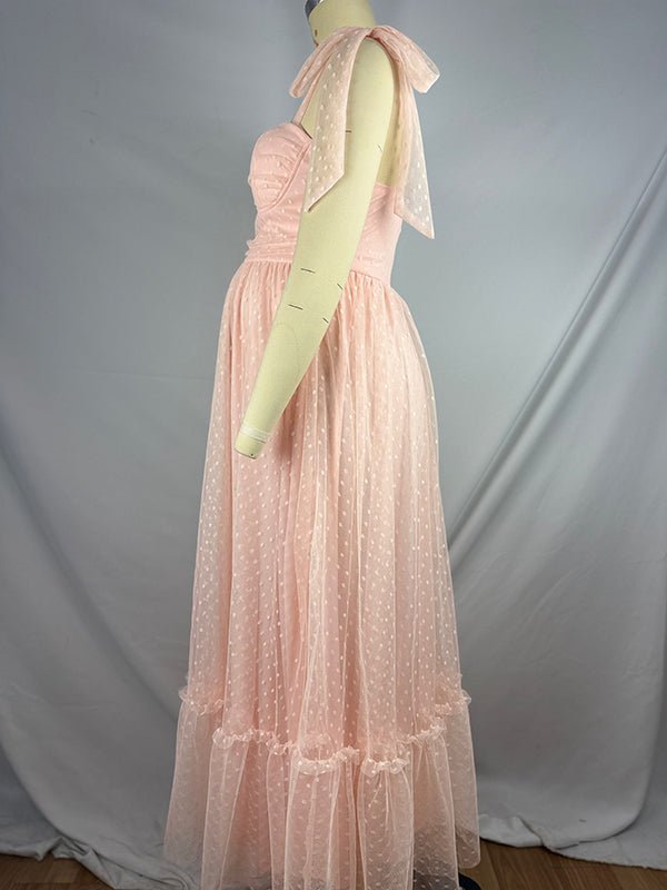 Light Pink Polka Dot Bow Ruffle Falbala Tie-shoulder A-line Tulle Princess Dress Maxi Dress for Maternity