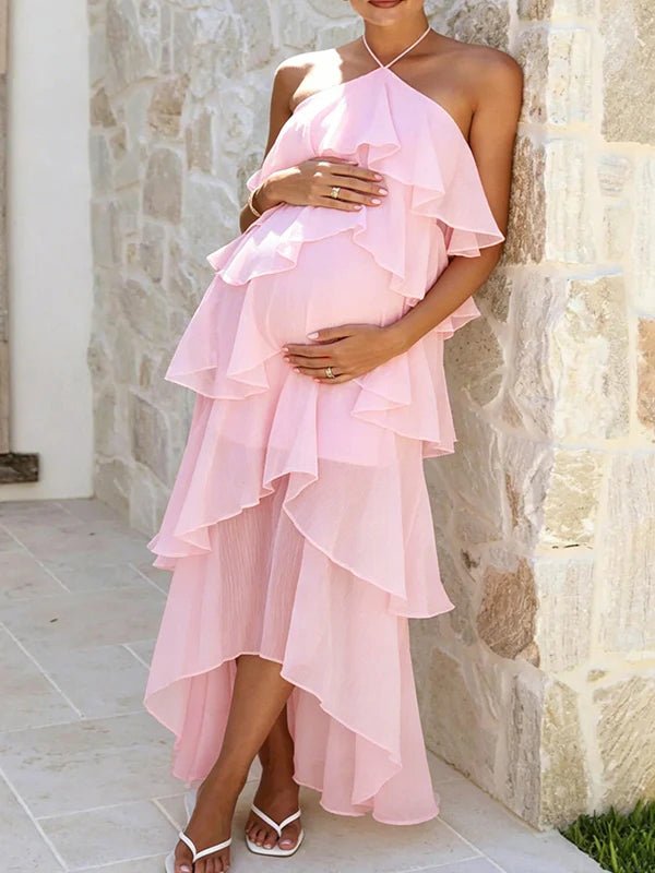 Halter Neck Ruffle Backless Falbala Lace Up Maternity Baby Shower Maxi Dress for Maternity