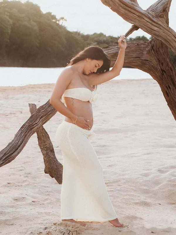 Beige Two Piece 3d Flowers Knit Backless Photoshoot Maternity Maxi Dress for Maternity