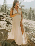 Solid Color Cut Out V-neck Side Slit Backless Tassel Halter Neck Vacation Photoshoot Maternity Maxi Dress for Maternity