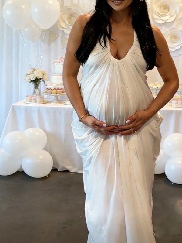 White Halter Neck Open Back Draped Hem Maternity Photoshoot Maxi Dress for Maternity
