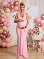 Ruched Bowknot Draped Backless Halter Neck Bodycon Baby Shower Maternity Maxi Dress for Maternity