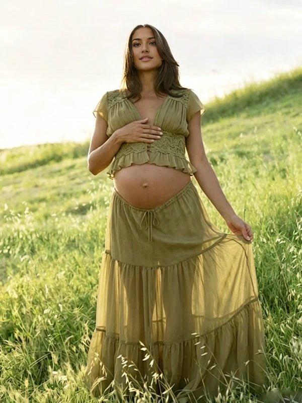 Green Lace Button Lace Up Splicing Two Piece Maternity Photoshoot Maxi Dress for Maternity