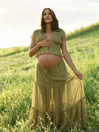 Green Lace Button Lace Up Splicing Two Piece Maternity Photoshoot Maxi Dress for Maternity