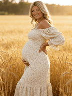 Ruffle Ruched High Waist Puff Sleeve Cute Photoshoot Western Maternity Maxi Dress for Maternity