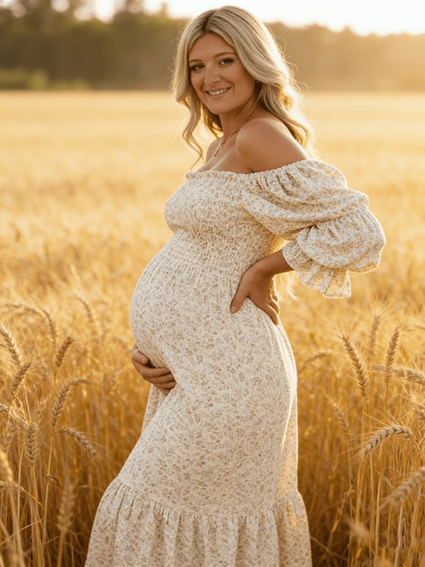 Ruffle Ruched High Waist Puff Sleeve Cute Photoshoot Western Maternity Maxi Dress for Maternity