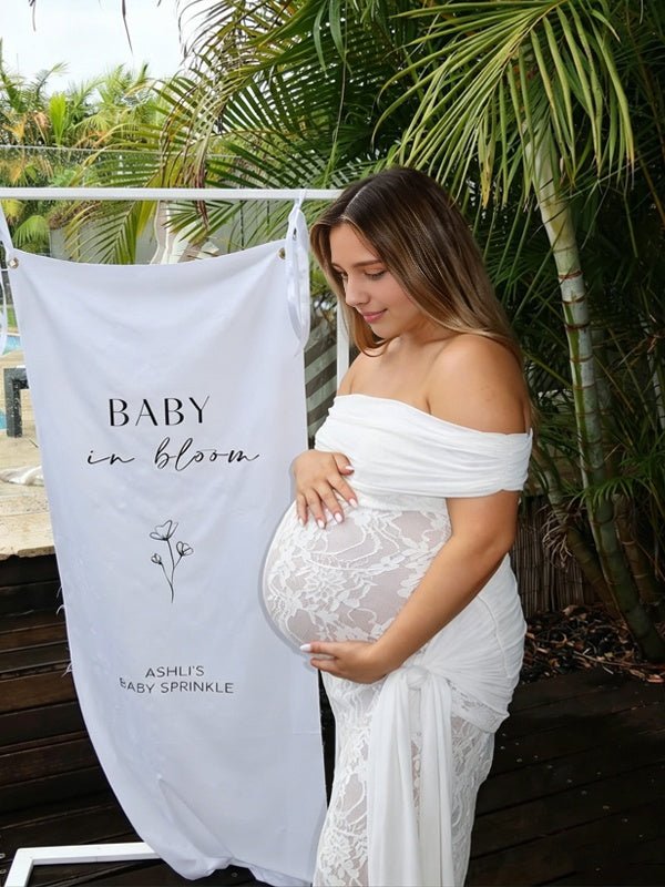 Off Shoulder Lace Backless Ribbon Ruched Maternity Baby Shower Maxi Dress for Maternity