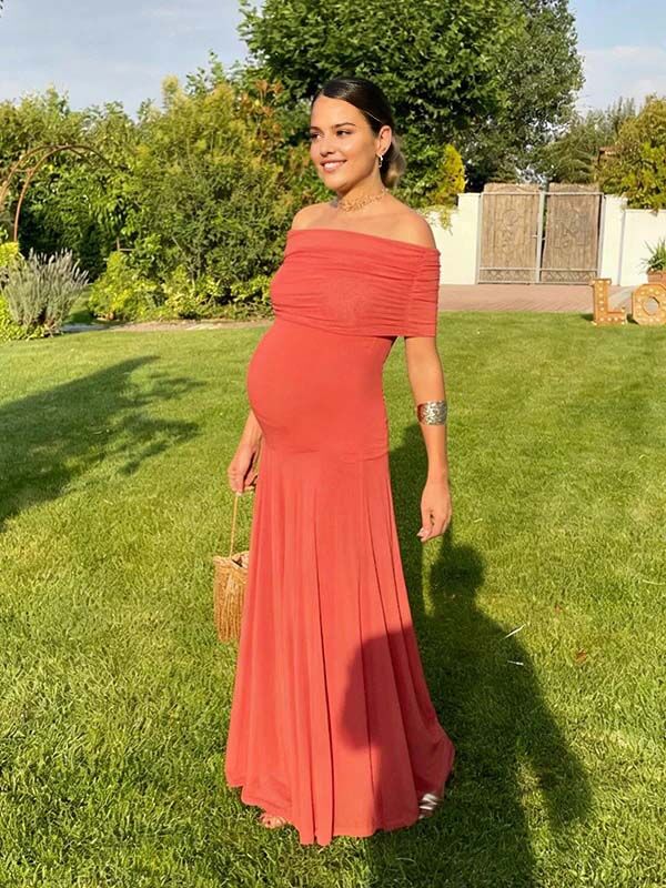 Chic Mesh Off Shoulder Draped Cocktail Maternity Maxi Dress for Maternity