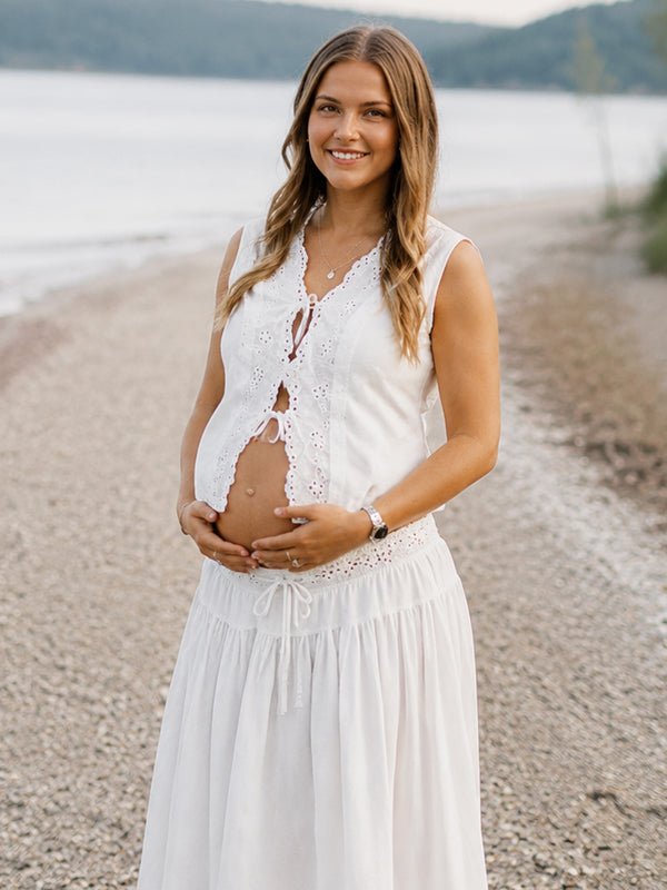 White Lace Up Openwork Lace Two Piece Maternity Photoshoot Maxi Dress for Maternity