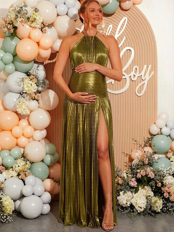 Golden Pleated Side Slit Open Back Baby Shower Maternity Maxi Dress for Maternity