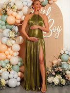 Golden Pleated Side Slit Open Back Baby Shower Maternity Maxi Dress for Maternity