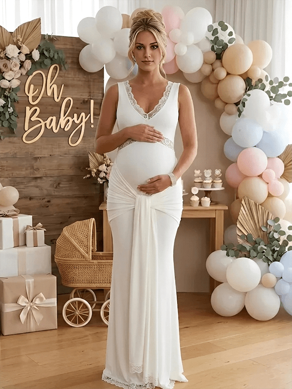 White Lace Ruched Draped Big Swing Baby Shower Maternity Maxi Dress for Maternity