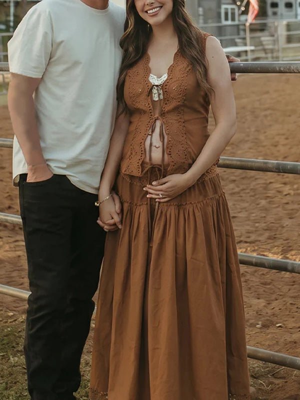 Western Boho 2 Piece Lace Tie-up Ruched Eyelet Embroidery Photoshoot Maternity Maxi Dress for Maternity