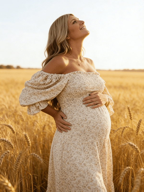 Ruffle Ruched High Waist Puff Sleeve Cute Photoshoot Western Maternity Maxi Dress for Maternity