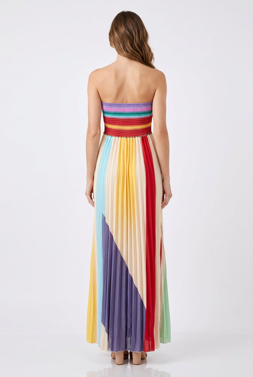 Color Blocked Strapless Pleated Maternity Maxi Dress for Baby Shower & Photoshoot & Summer Party & Wedding Guest