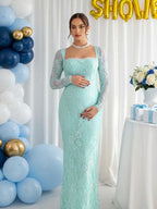 Lace Ruffle Back Slit Square Neck Bodycon Maternity Maxi Dress for Maternity