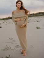 Solid Color Off Shoulder Hollow Out Knitwear Bodycon Beach Vacation Dress Baby Shower Maternity Maxi Dress for Maternity
