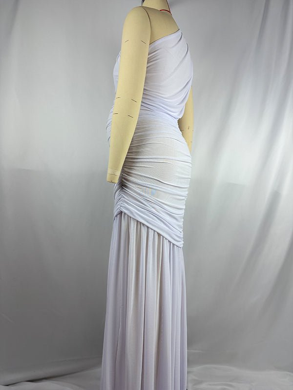 One Shoulder Mesh Ruched Mermaid Evening Gown Maternity Maxi Dress for Maternity