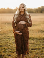 Dark Brown Printed Mesh Ruffle Ruched Boho Maternity Maxi Dress for Maternity
