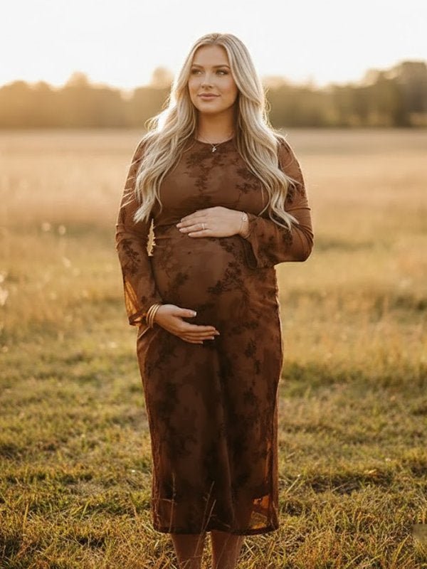 Dark Brown Printed Mesh Ruffle Ruched Boho Maternity Maxi Dress for Maternity