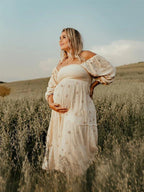 Apricot Daisy Print Smocked Off Shoulder Ruffle Big Swing Elegant Vacation Maternity Photoshoot Baby Shower Party Maxi Dress for Maternity