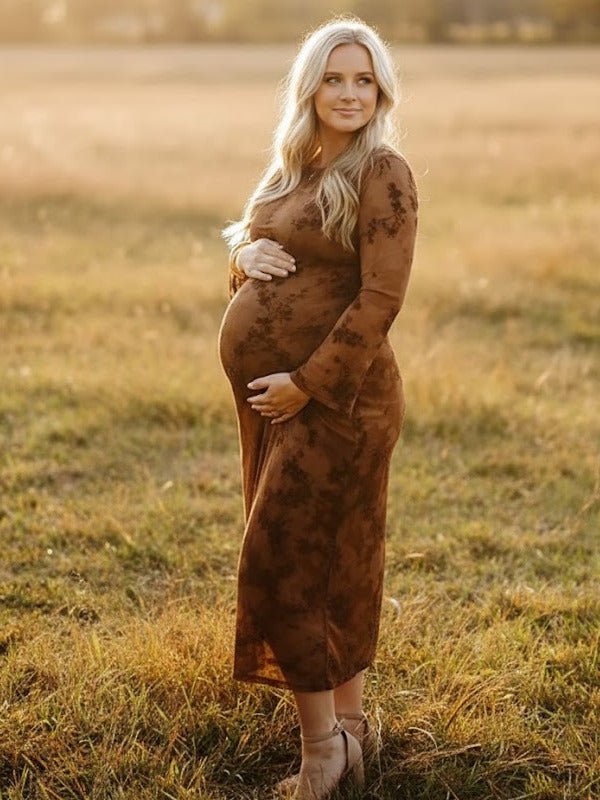 Dark Brown Printed Mesh Ruffle Ruched Boho Maternity Maxi Dress for Maternity