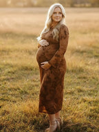 Dark Brown Printed Mesh Ruffle Ruched Boho Maternity Maxi Dress for Maternity
