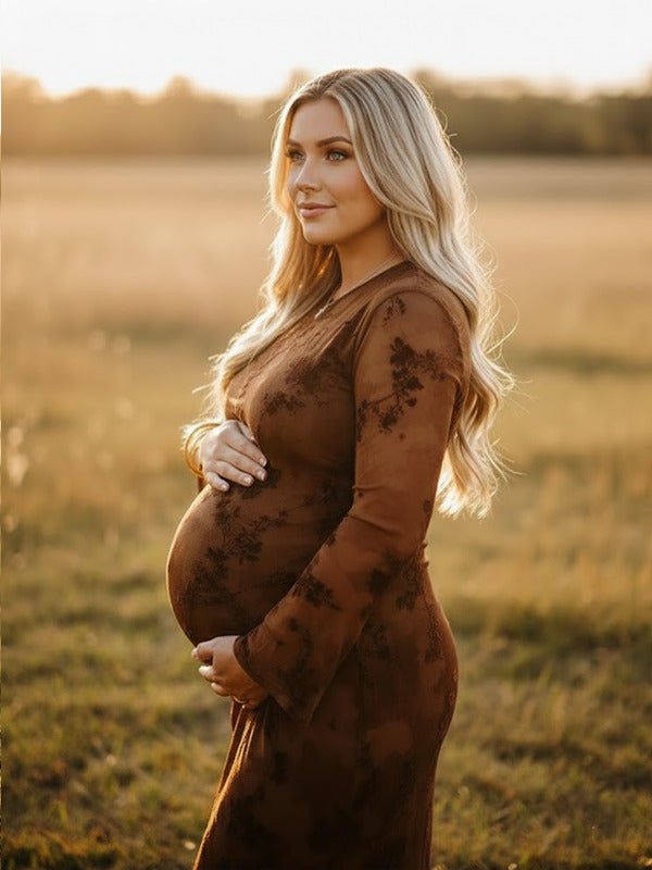 Dark Brown Printed Mesh Ruffle Ruched Boho Maternity Maxi Dress for Maternity