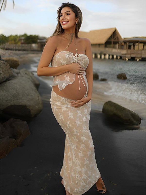 2 Piece Lace Tube Tie Ruffle Elegant Fashion Bodycon Vacation Photoshoot Baby Shower Maternity Maxi Dress for Maternity