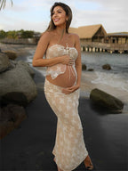 2 Piece Lace Tube Tie Ruffle Elegant Fashion Bodycon Vacation Photoshoot Baby Shower Maternity Maxi Dress for Maternity