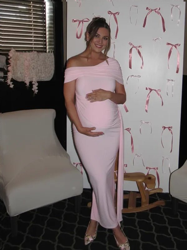 Pink Off Shoulder Draped Baby Girl Shower Maternity Maxi Dress for Maternity