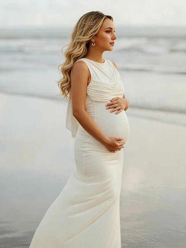 Chic Apricot Side Slit Ruched Knot Backless Side Draped Photoshoot Maternity Maxi Dress for Maternity